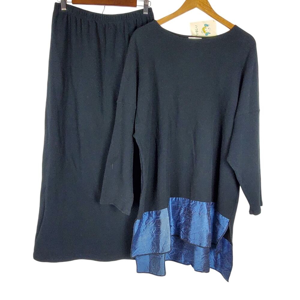 NEW NoBlu Set Color Block Tunic Top L Pull On Maxi Skirt Sz M Black Blue Cotton